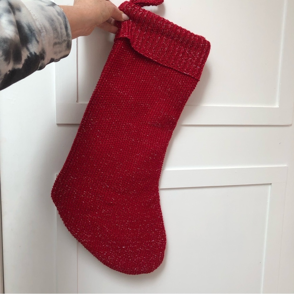 Nanette Lenore Christmas stocking silver metallic flecks on woven knit red 21x8